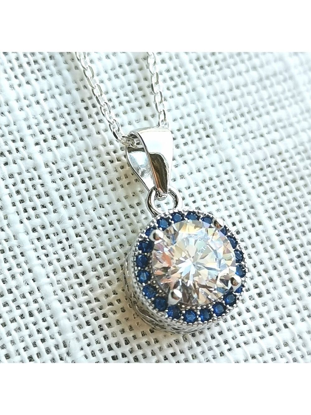 Sterling Silver CZ sapphire gemstone pendant necklace NEW